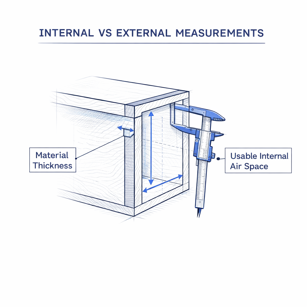 Cutaway showing internal versus external box measurements