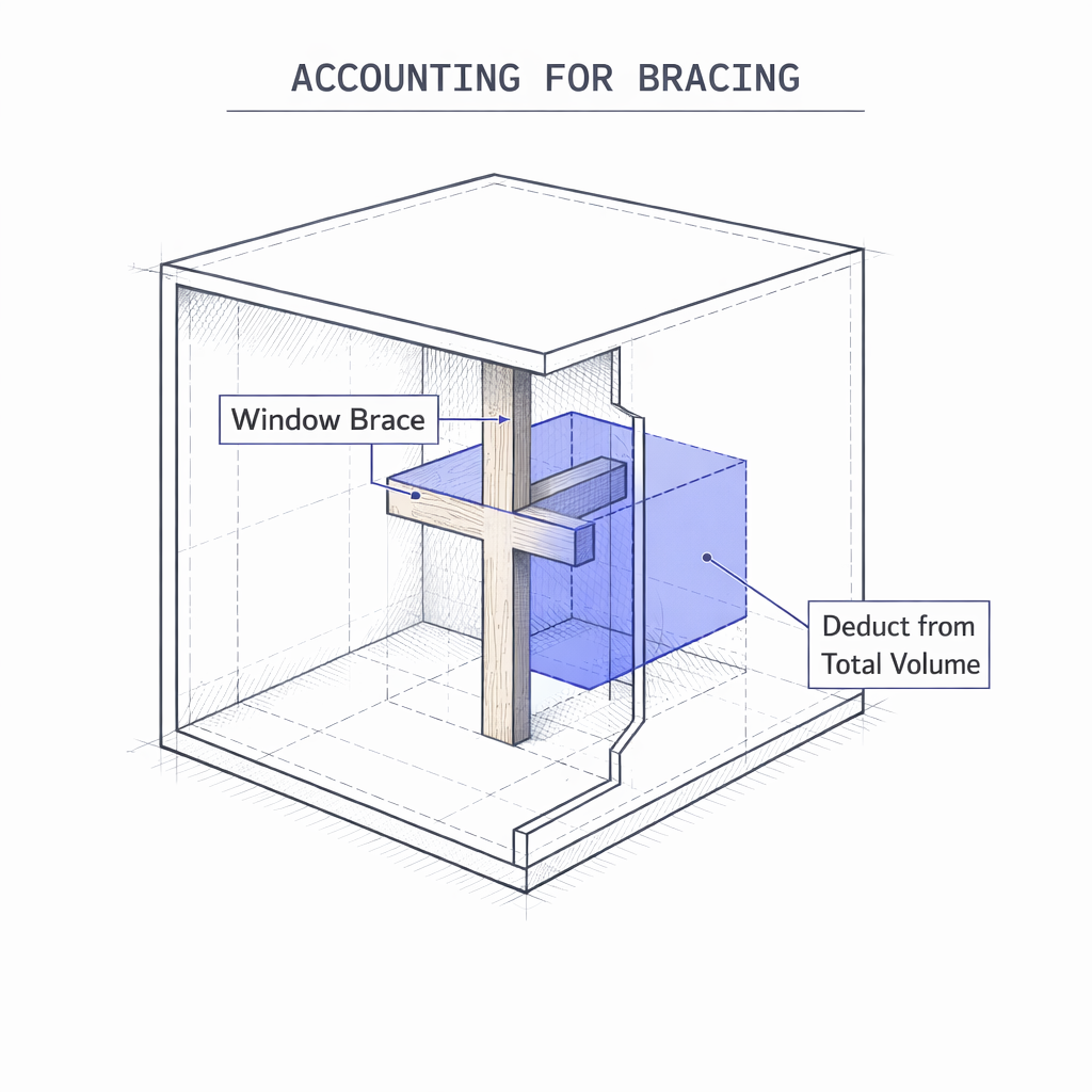 Diagram showing bracing volume deduction inside a subwoofer box