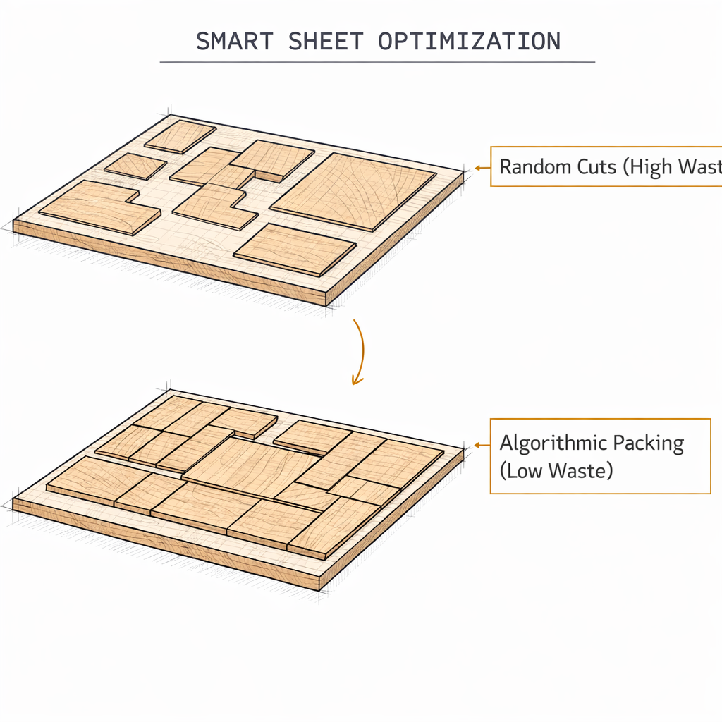 Comparison of random cuts versus algorithmic sheet packing