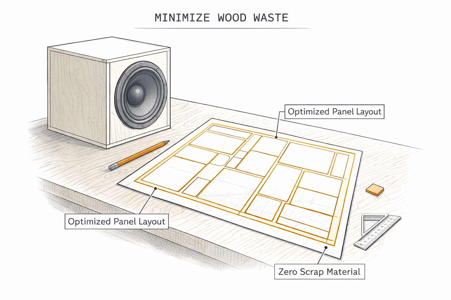 Optimized cutlist blueprint minimizing plywood and MDF waste