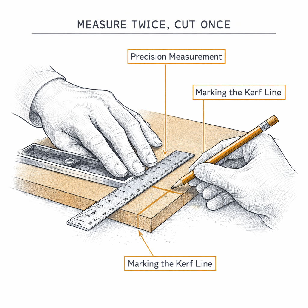 Workshop tip diagram showing precision measurement before cutting MDF
