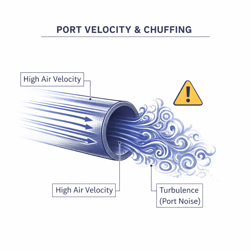 Close-up of port velocity and turbulence causing chuffing