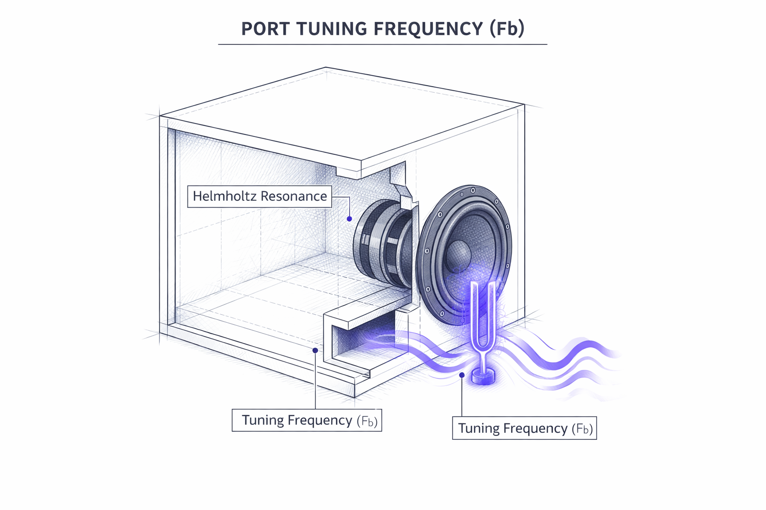 Cutaway diagram explaining subwoofer port tuning frequency