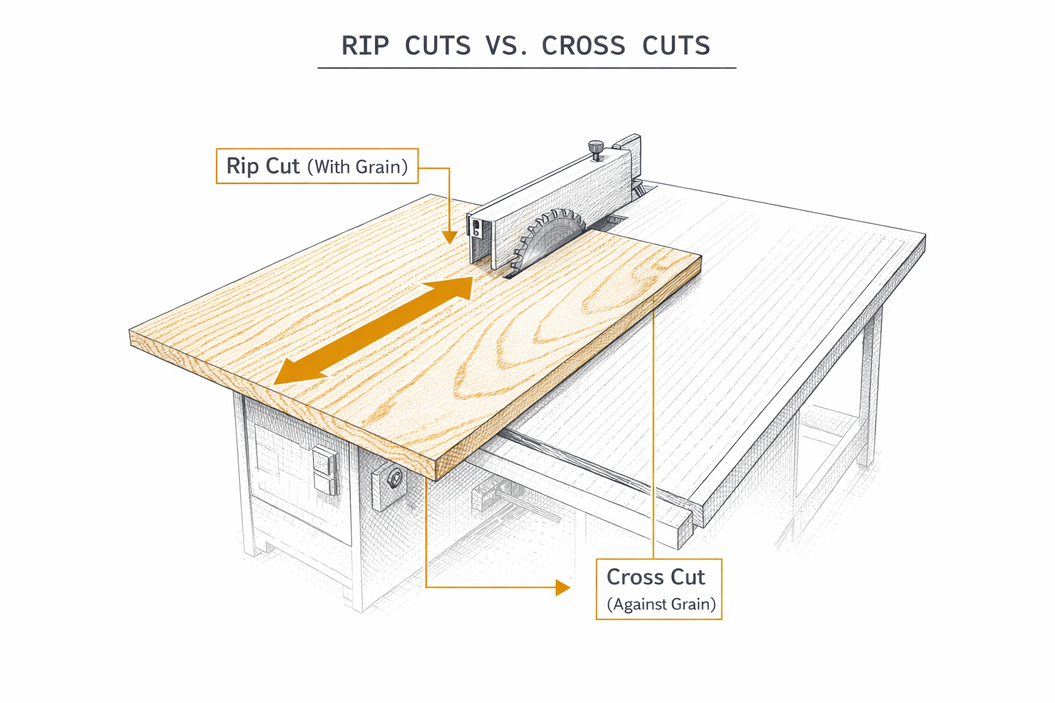 Table saw diagram showing rip cuts versus cross cuts