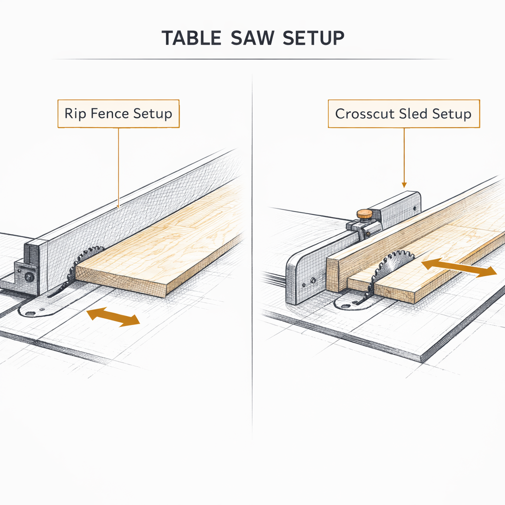 Split view of rip fence setup and crosscut sled setup on a table saw