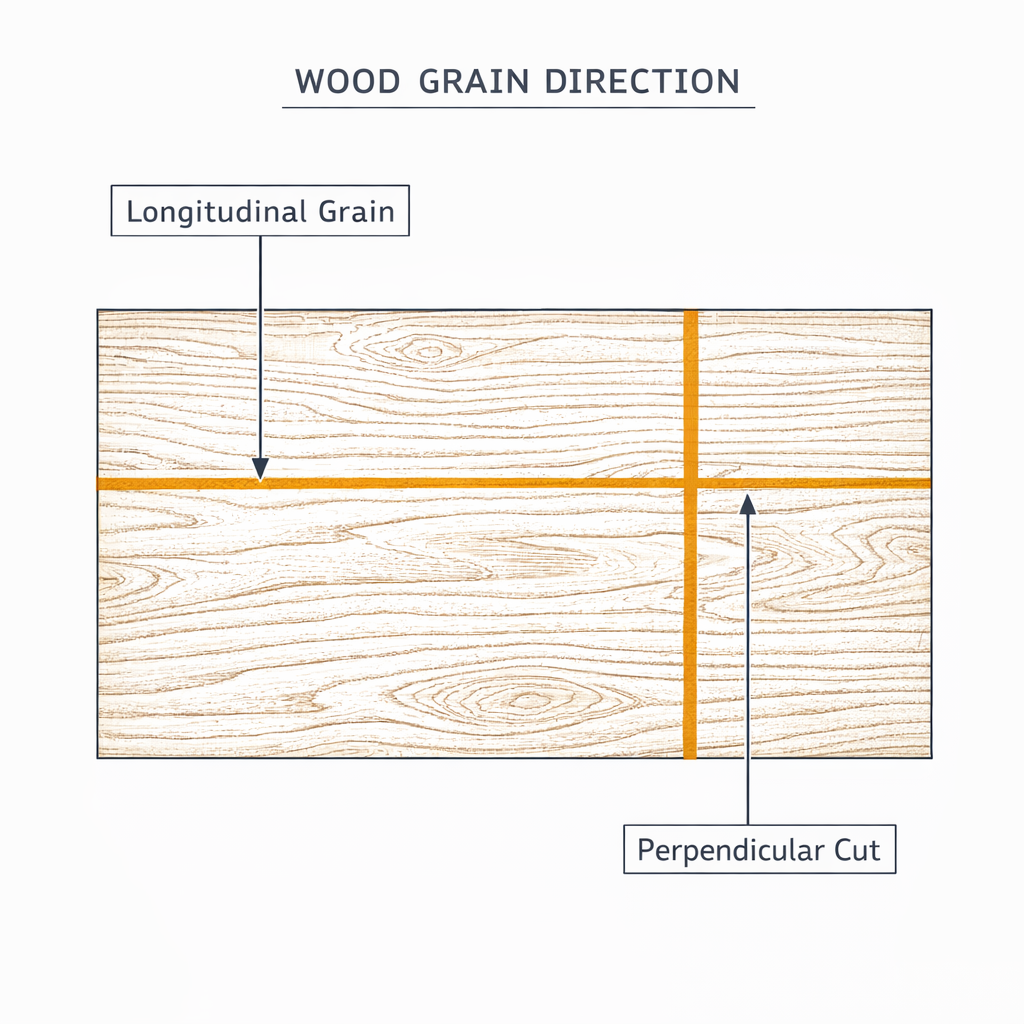 Wood grain direction diagram for rip and cross cuts