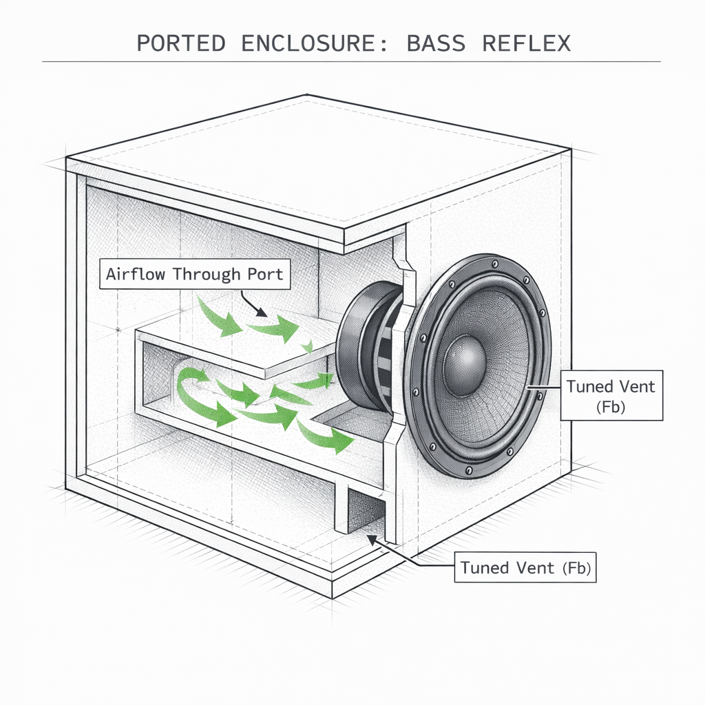 Cutaway diagram of a ported subwoofer box showing an internal slot duct and airflow