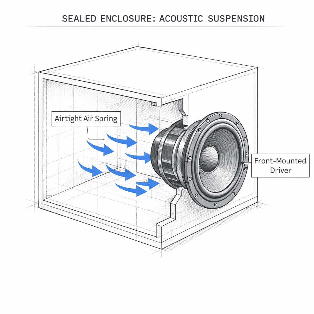 Cutaway diagram of a sealed subwoofer box showing the acoustic air spring