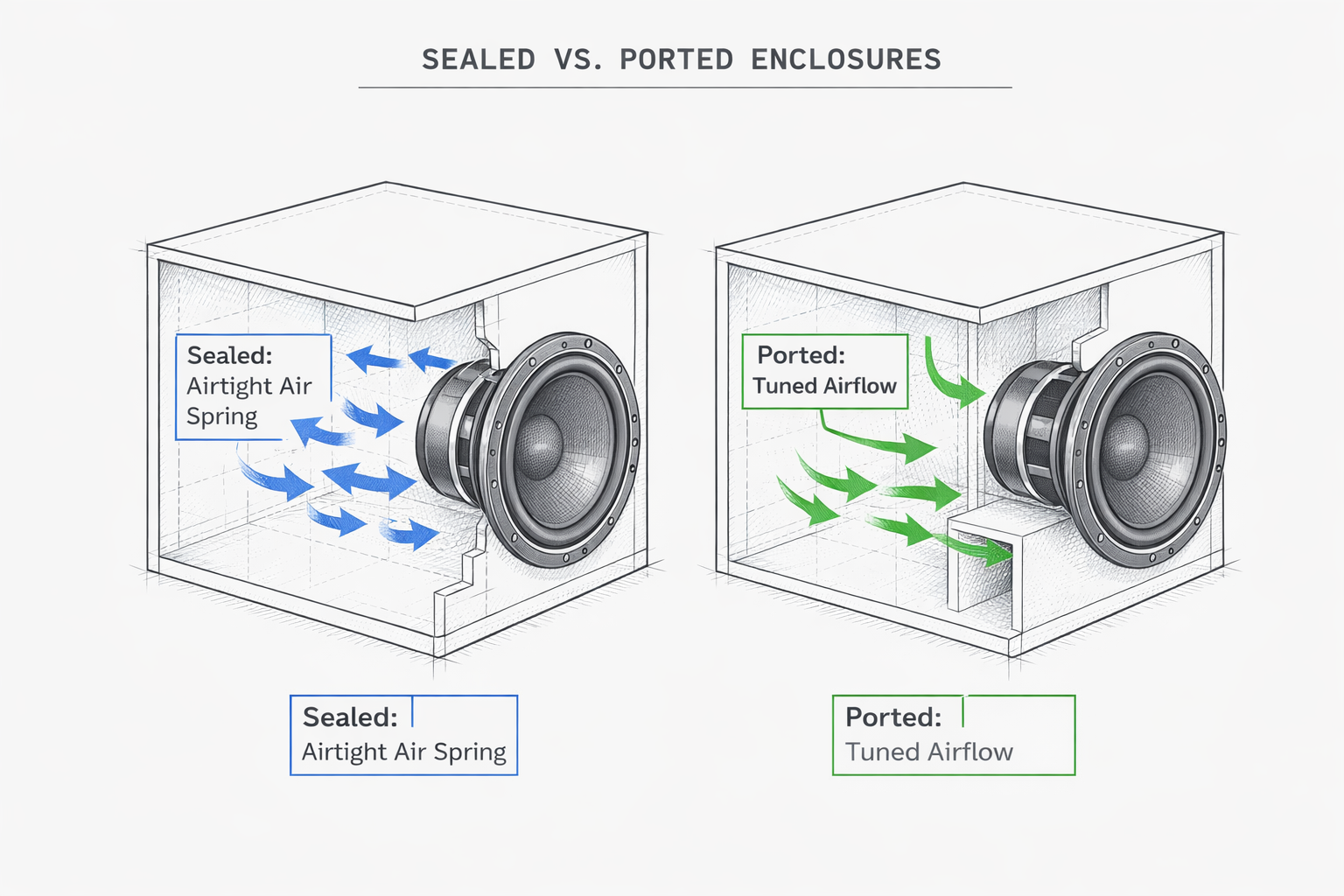 Technical drawing comparing a sealed and ported subwoofer box