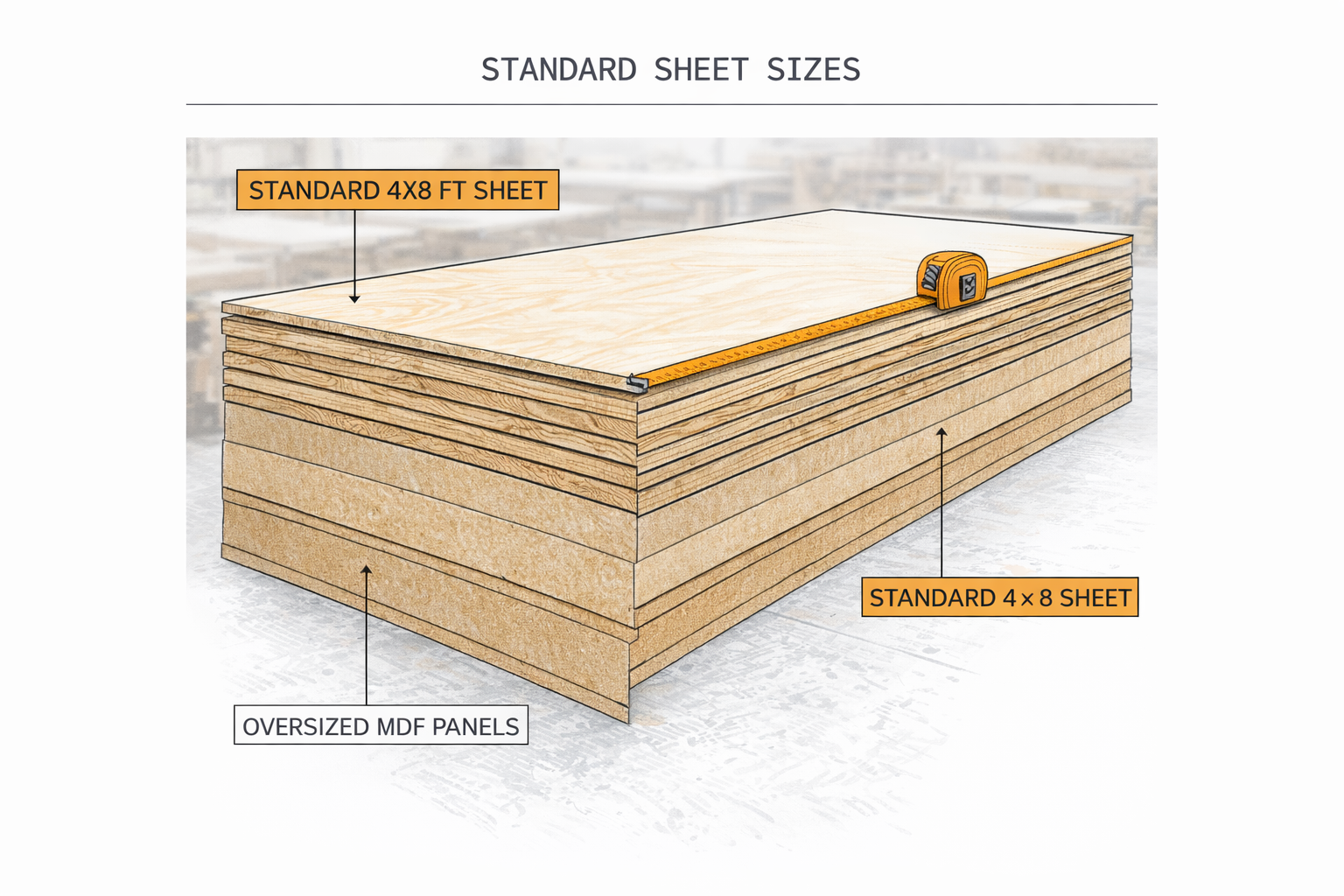 Workshop stack of standard plywood and MDF sheet sizes