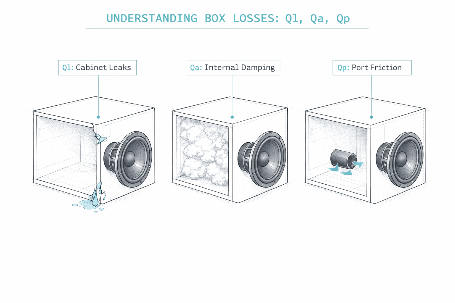 Three-box diagram explaining Ql, Qa, and Qp subwoofer box losses