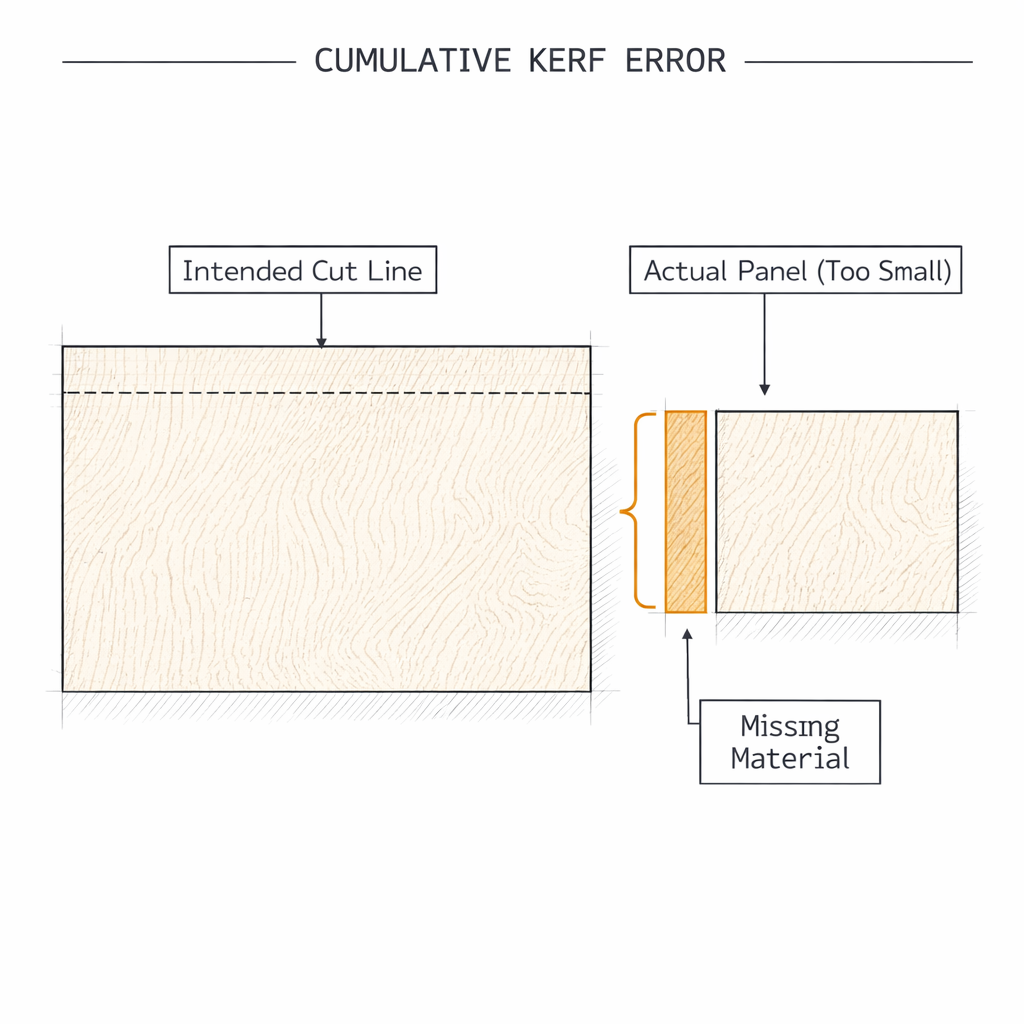 Diagram showing cumulative kerf error causing undersized panels