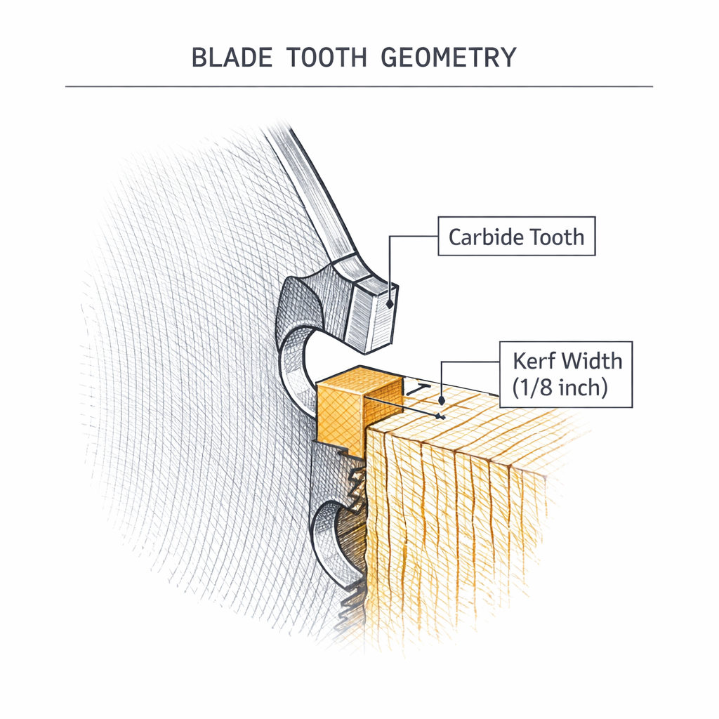 Close-up of saw blade tooth geometry and kerf width