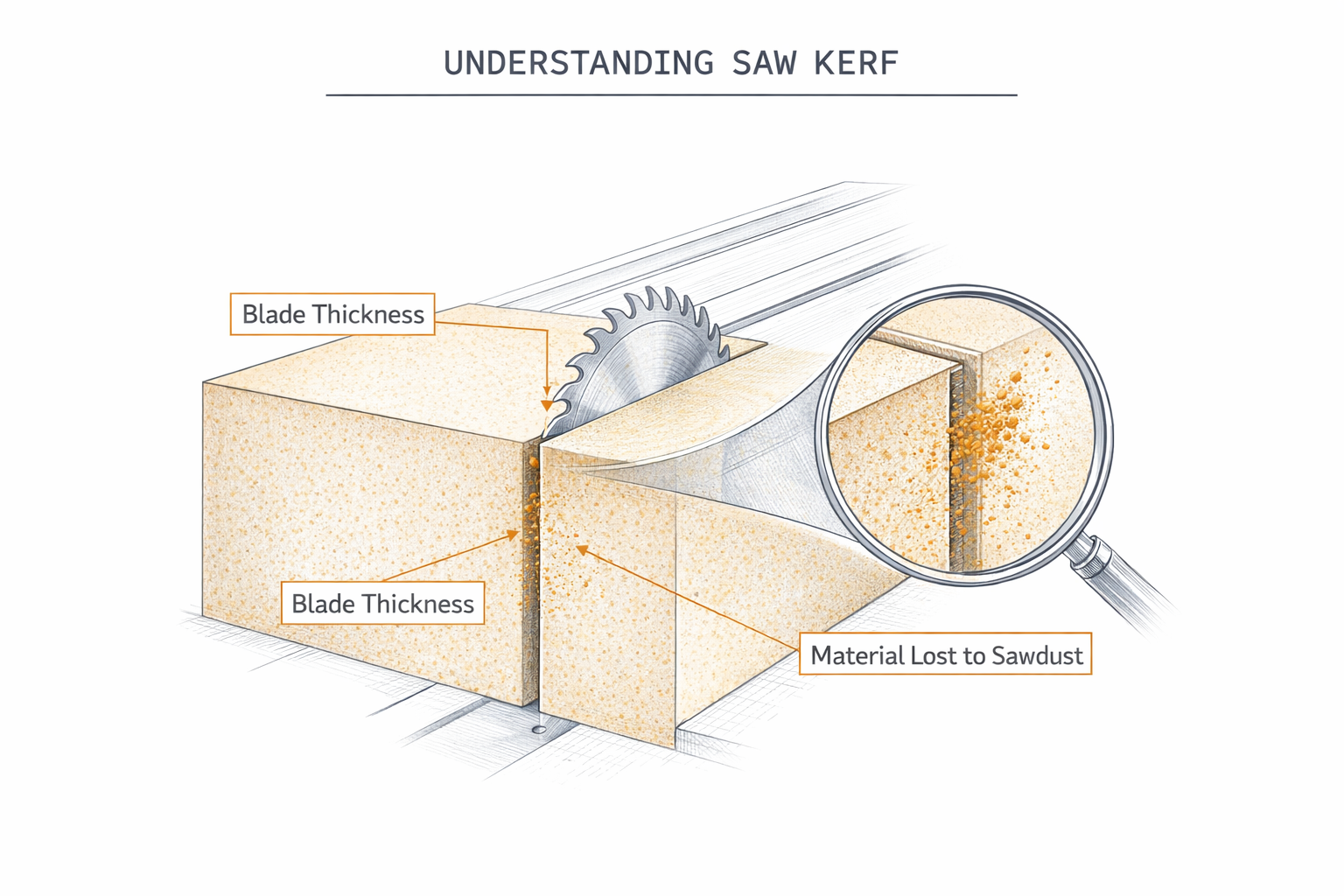 Isometric table saw diagram explaining saw kerf in woodworking