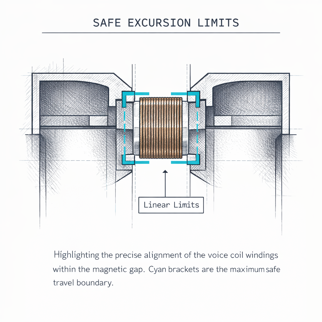 Close-up of voice coil alignment and safe linear excursion limits