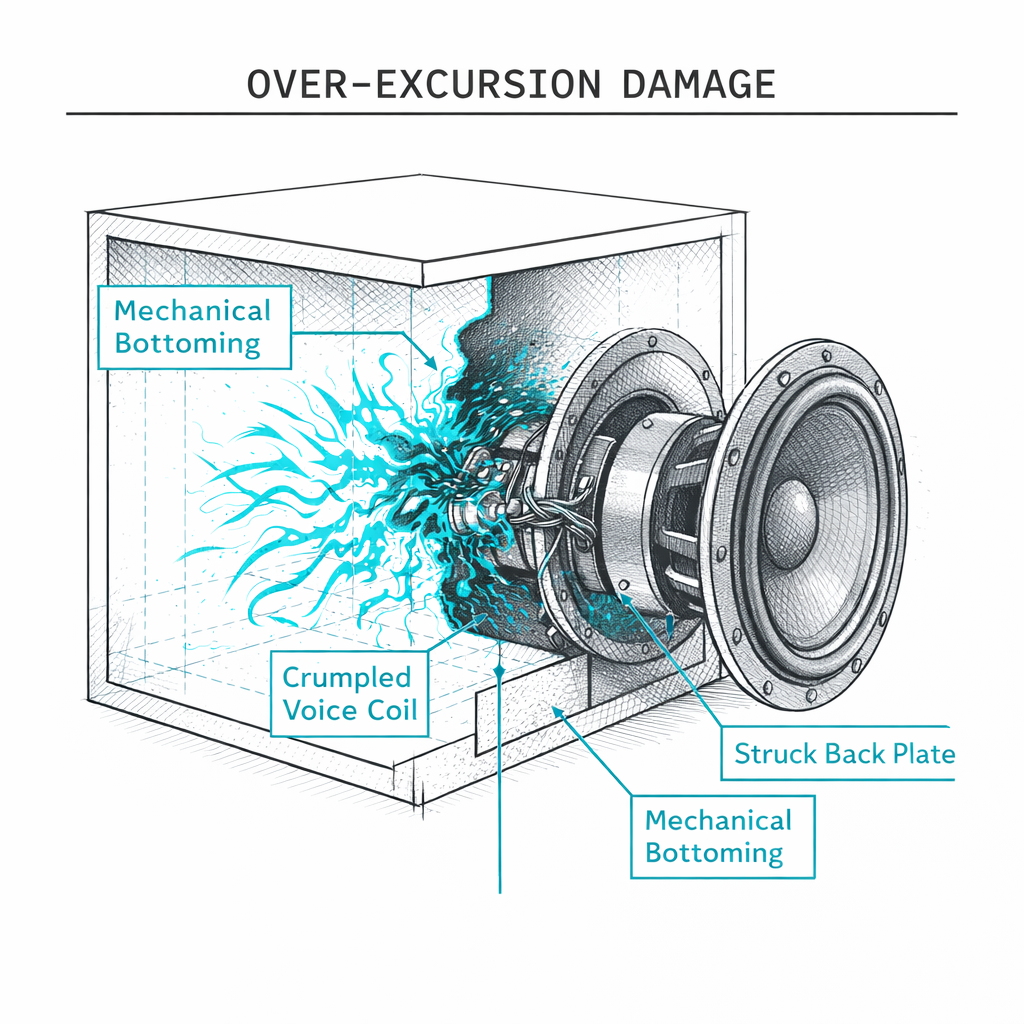 Diagram of over-excursion damage with voice coil bottoming on back plate