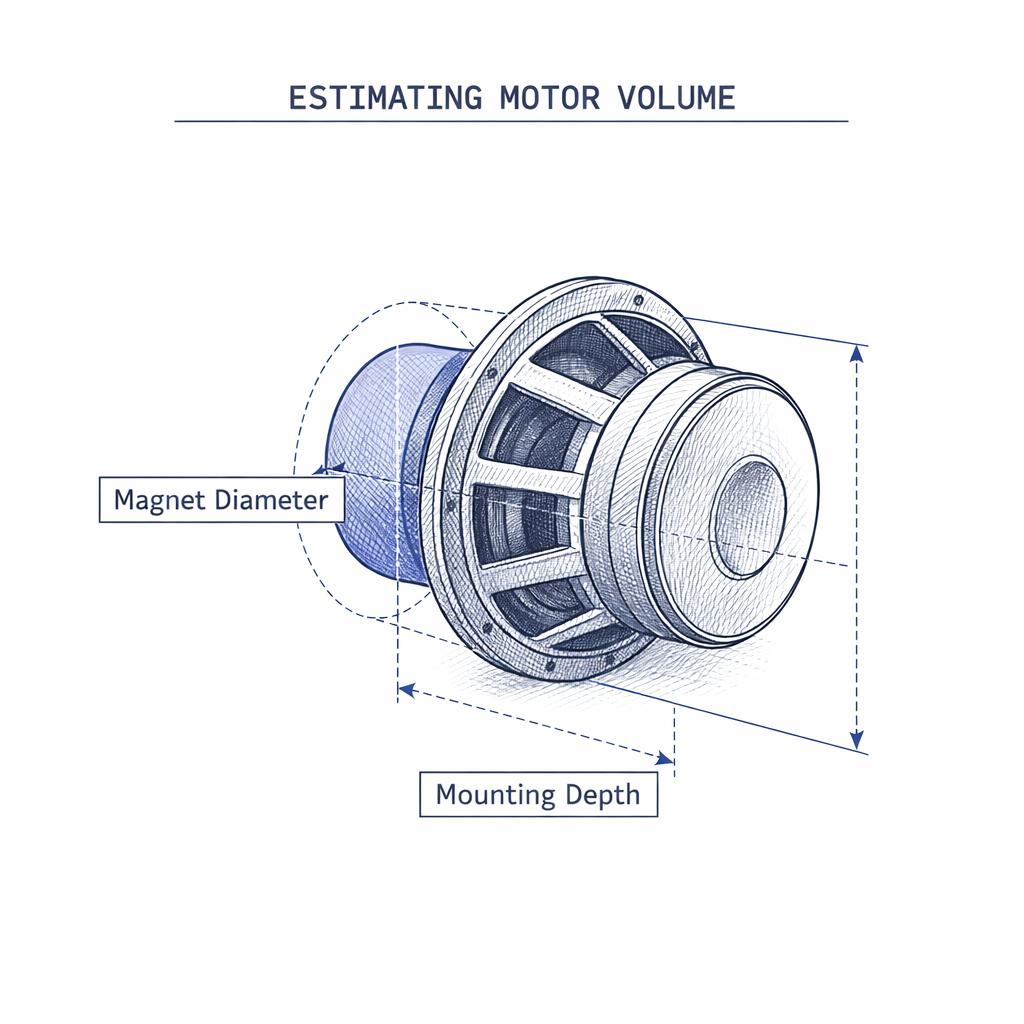 Technical sketch for estimating subwoofer motor volume