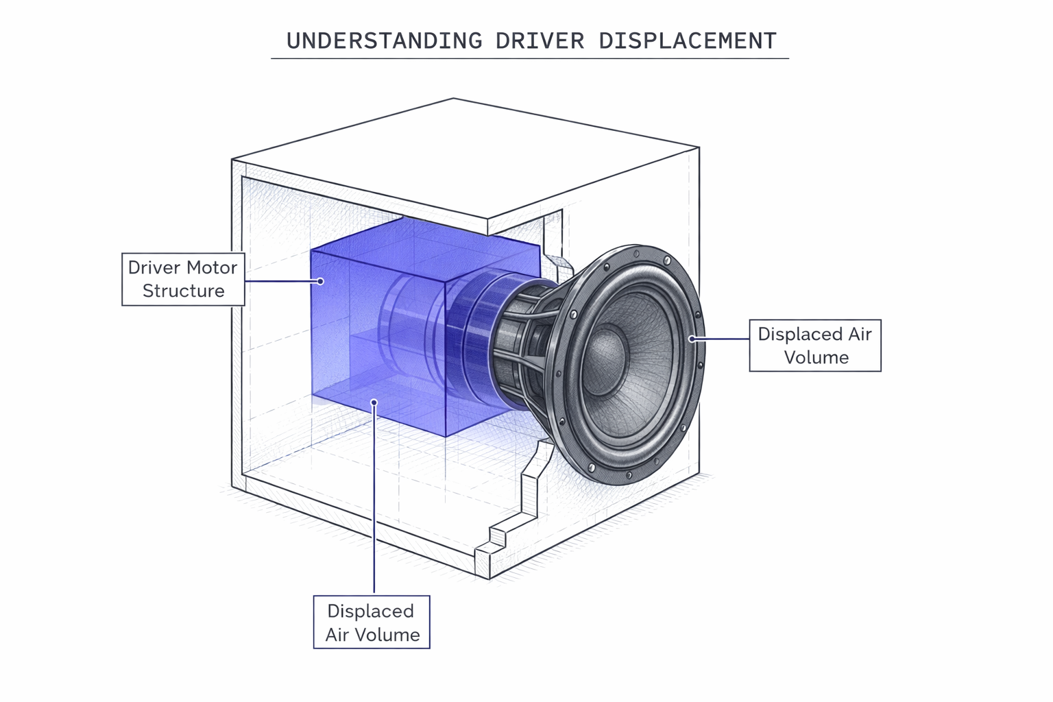 Cutaway showing subwoofer driver displacement volume
