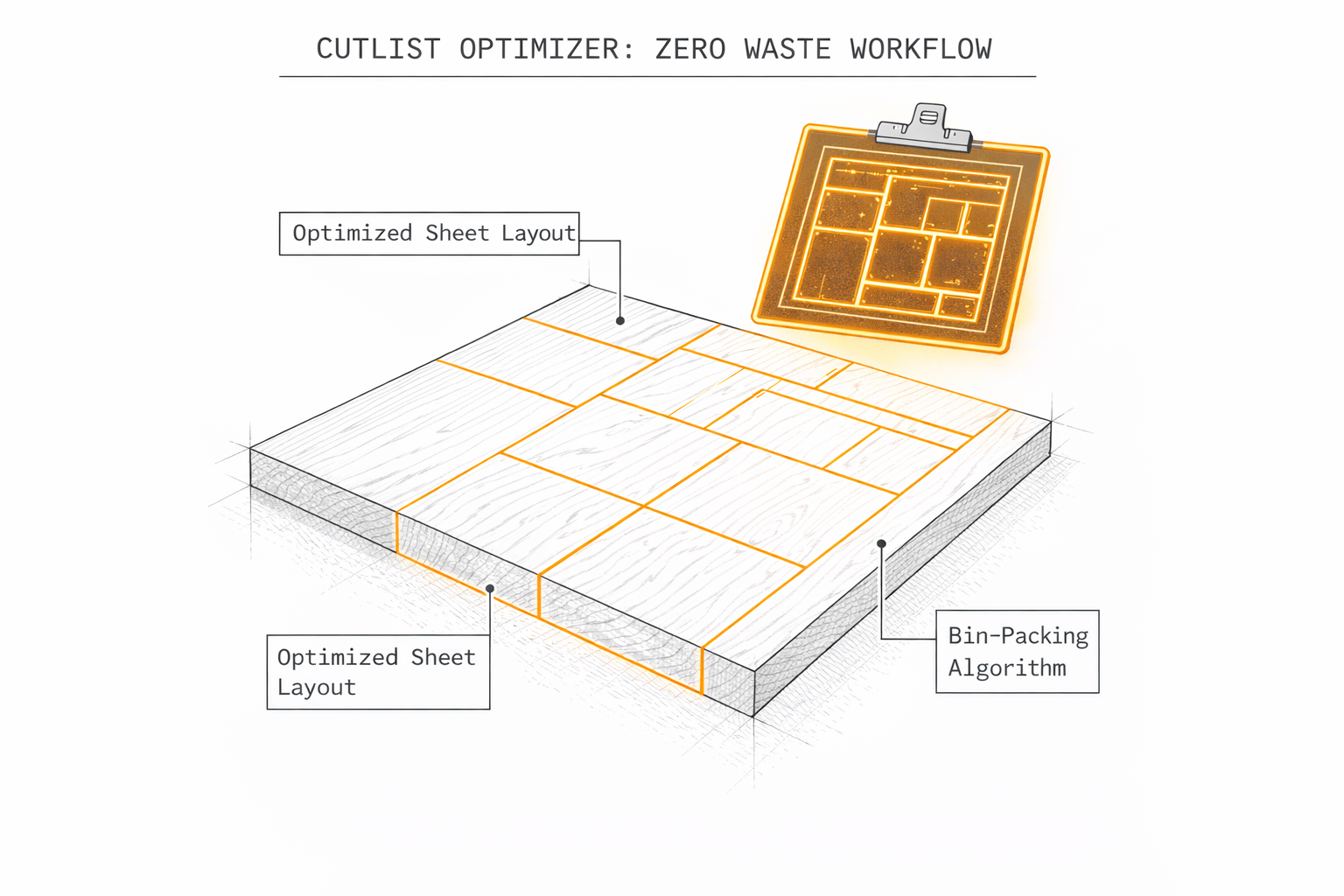 Technical drawing of a cutlist optimizer packing panels onto an MDF sheet