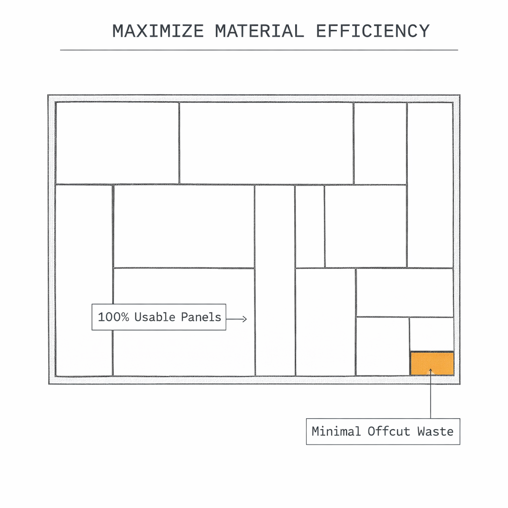 Technical diagram showing a highly optimized layout of panels on a sheet of plywood