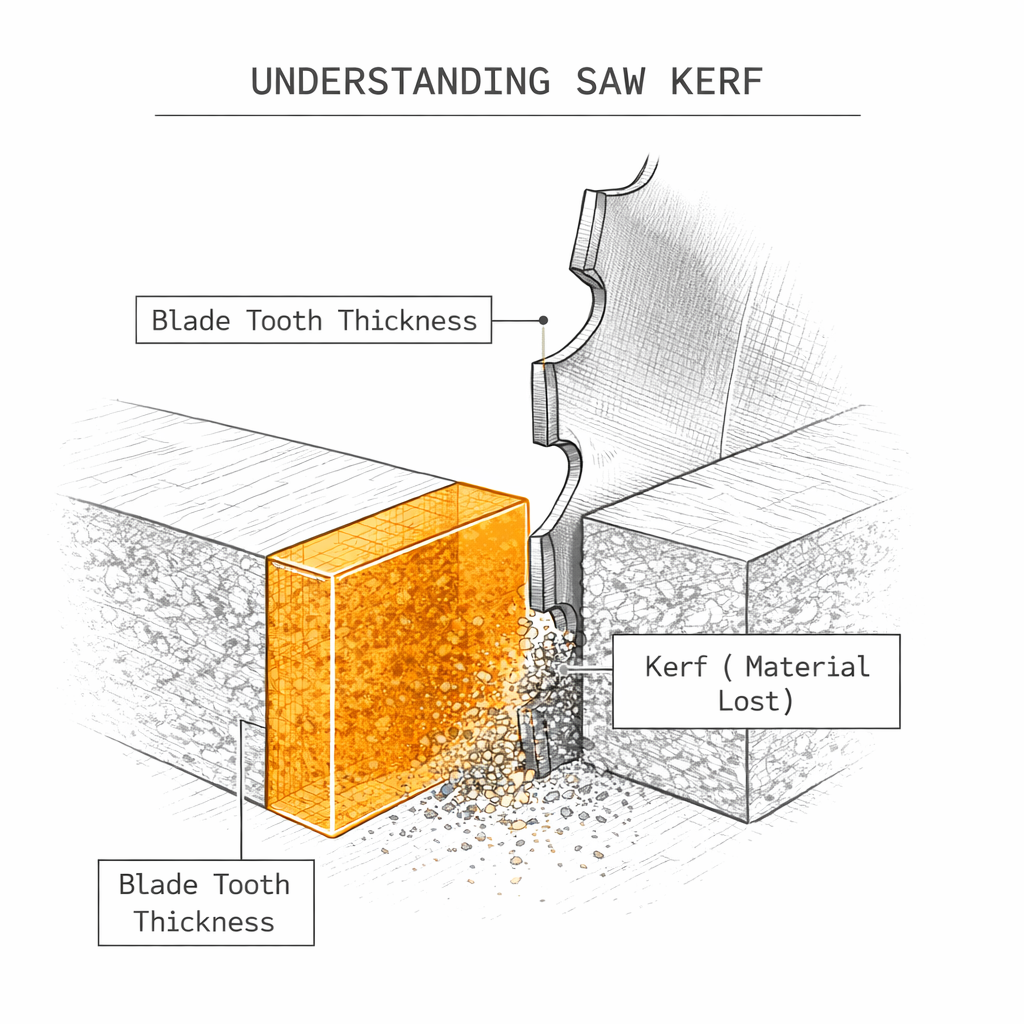 Cutaway diagram explaining saw blade kerf thickness and material lost as sawdust