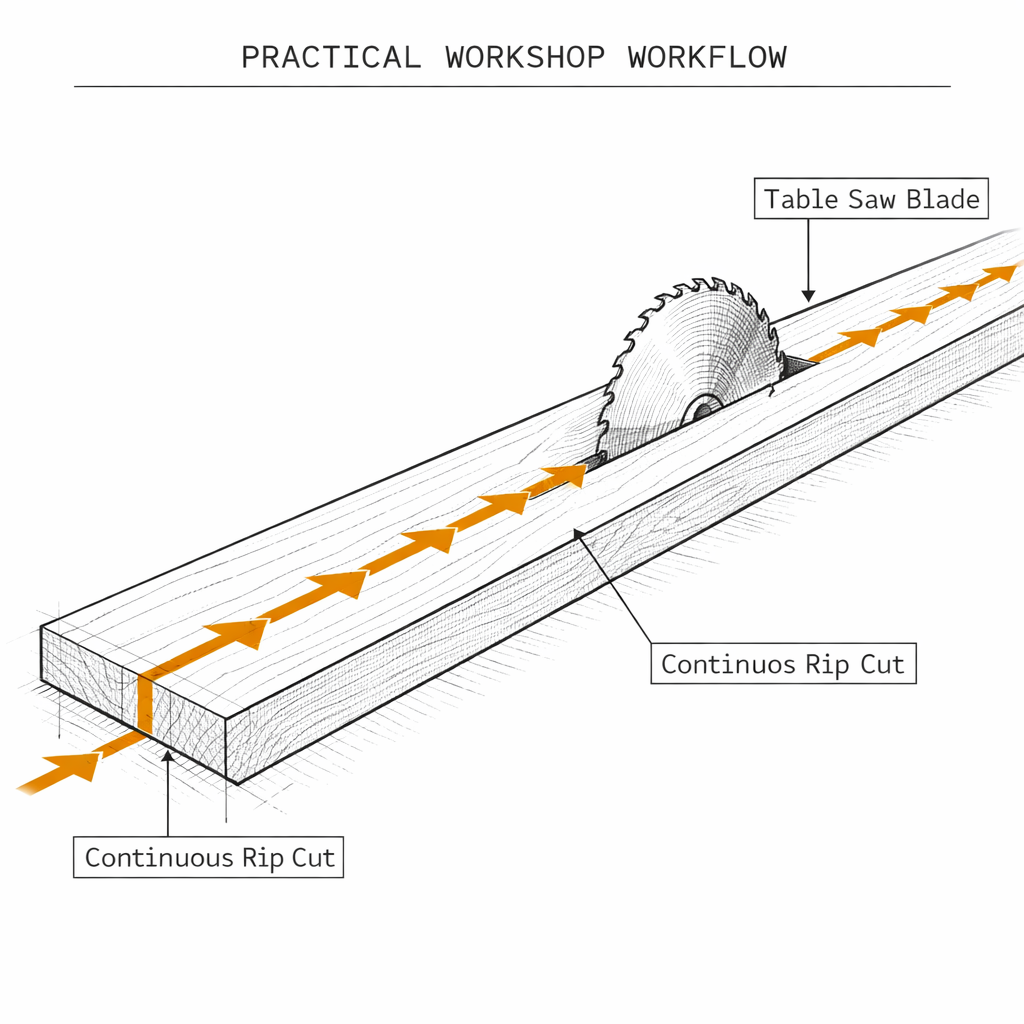 Illustration of a table saw making a continuous rip cut through a wood panel