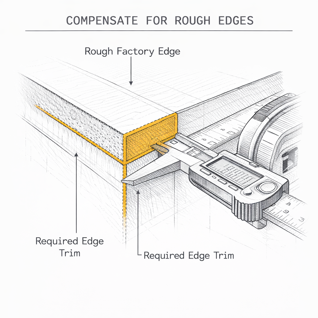 Technical drawing measuring the required edge trim on a rough wood panel