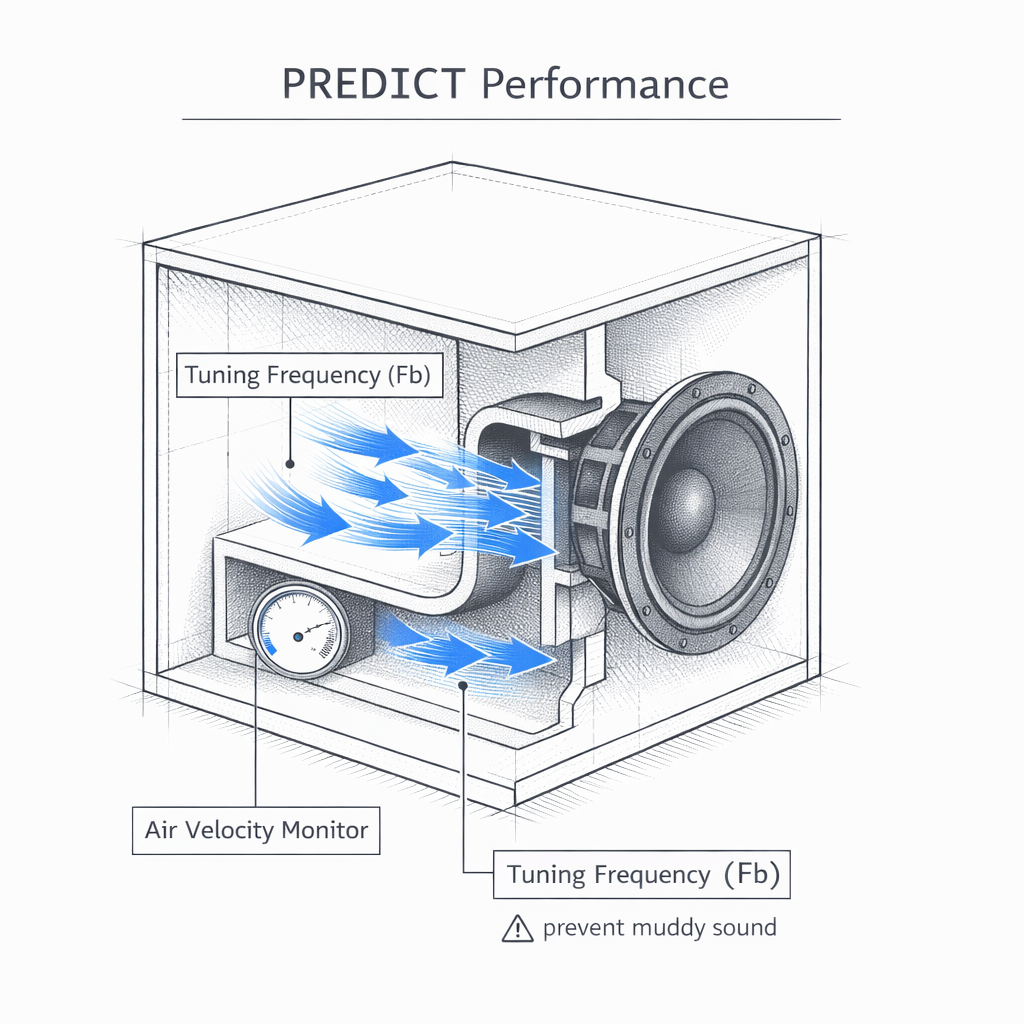 Technical drawing of a ported box with airflow wizard predicting performance