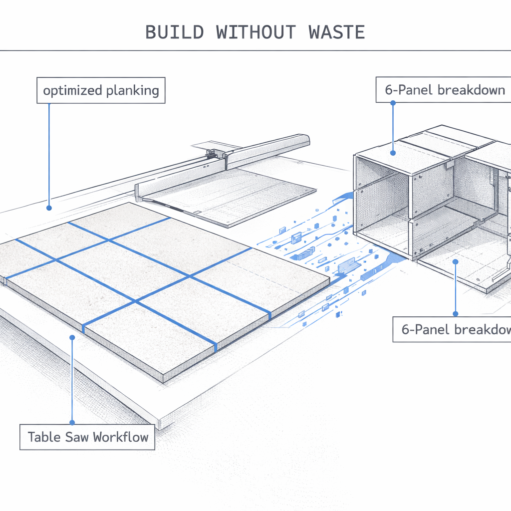 optimized cut list generator blueprint with MDF cut diagrams on a workbench