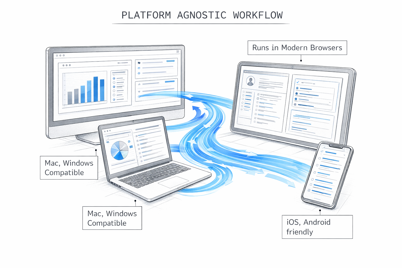 Stylized collection of tech devices: laptop, desktop, mobile running the audio toolkit wizard in modern browsers
