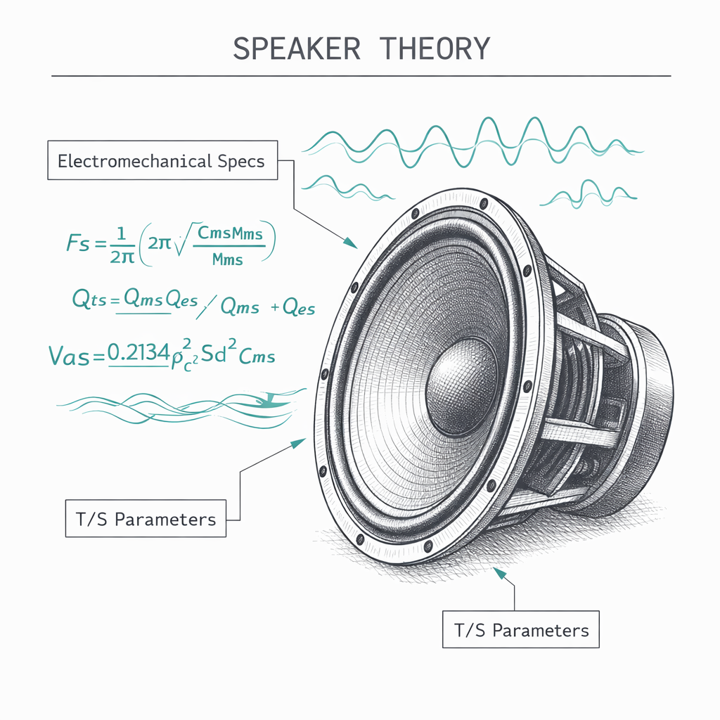 Technical drawing of a speaker cone visualizing T/S parameters and theory