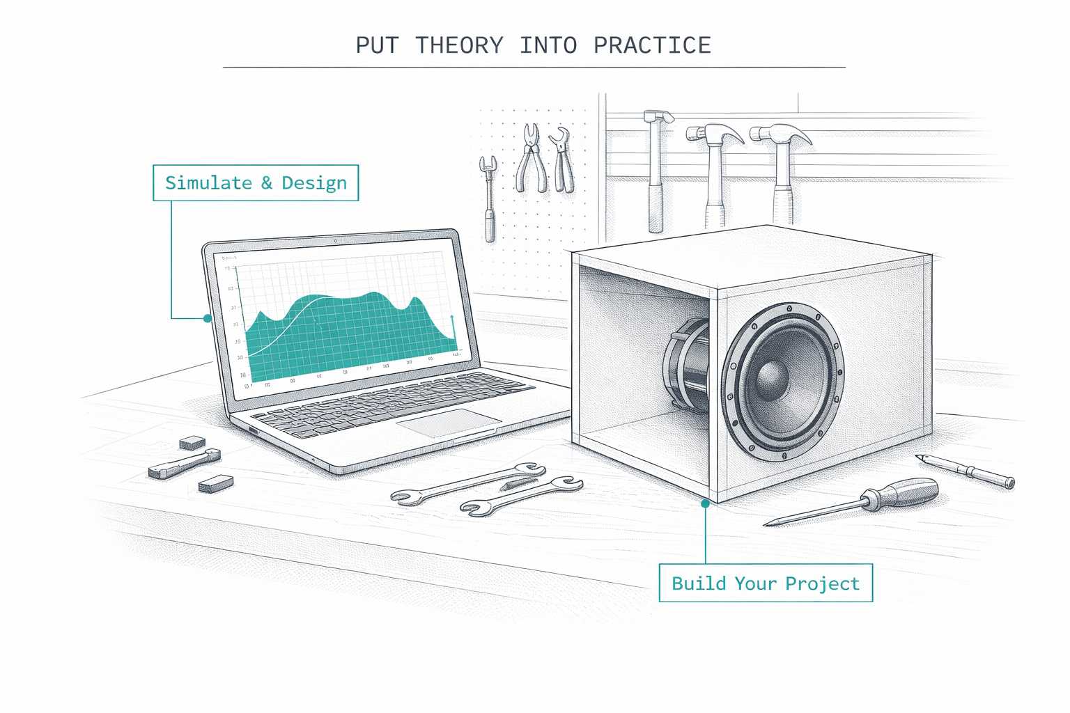 Technical drawing showing a laptop simulator and a finished speaker box