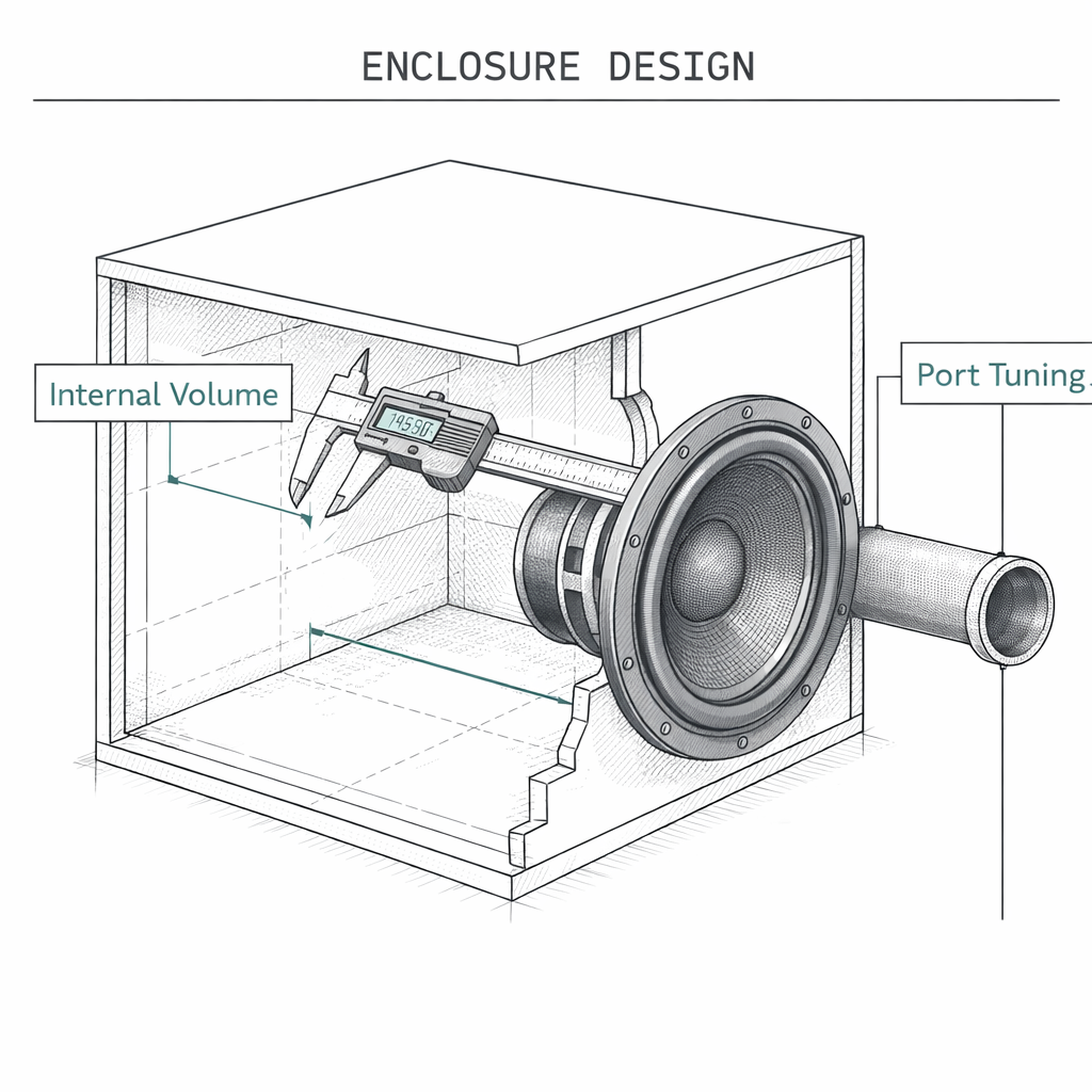Technical drawing of a subwoofer box being measured for internal volume and port tuning