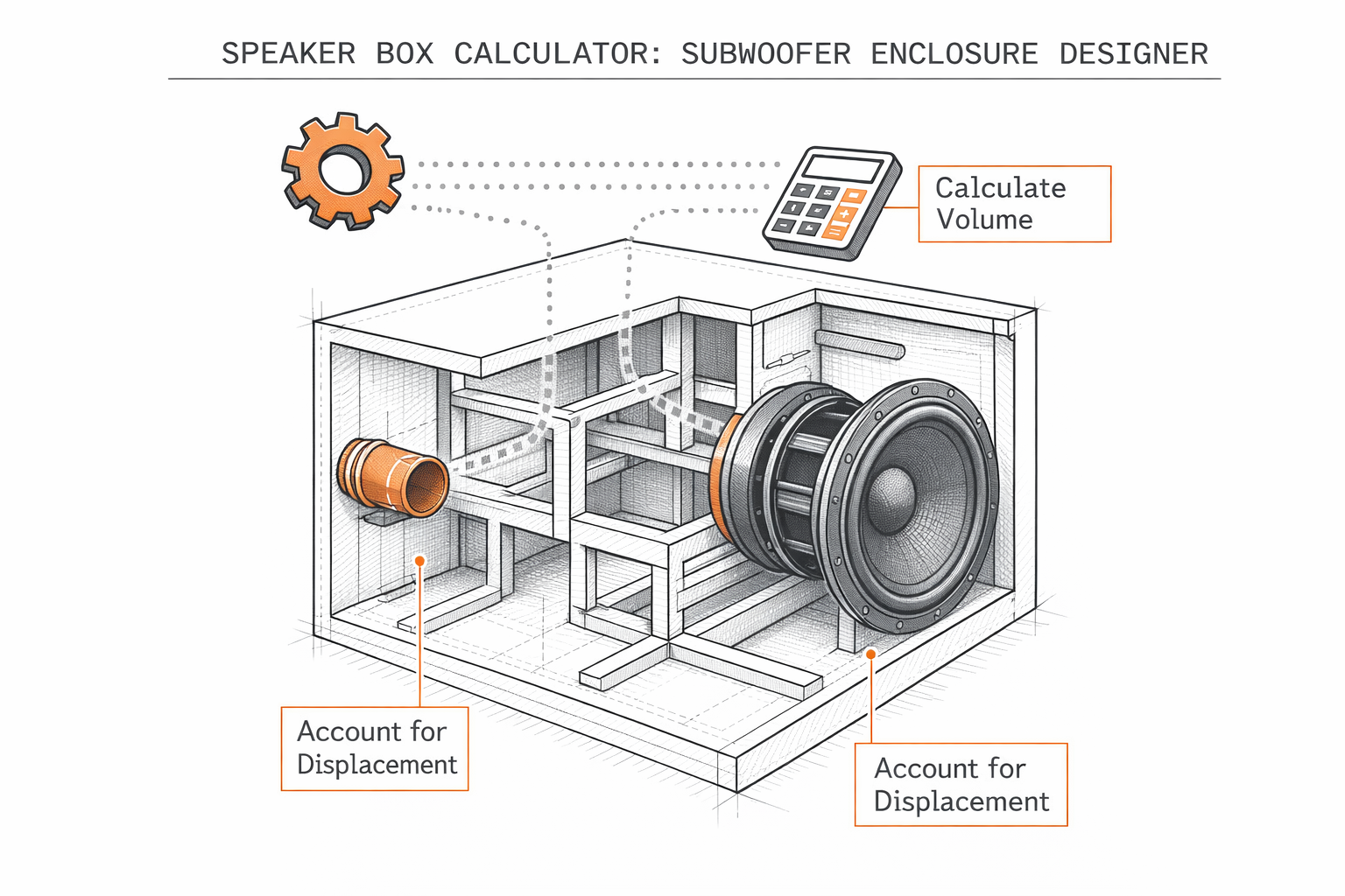 Technical drawing of a speaker box calculator with gears and a detailed 3D cabinet designer
