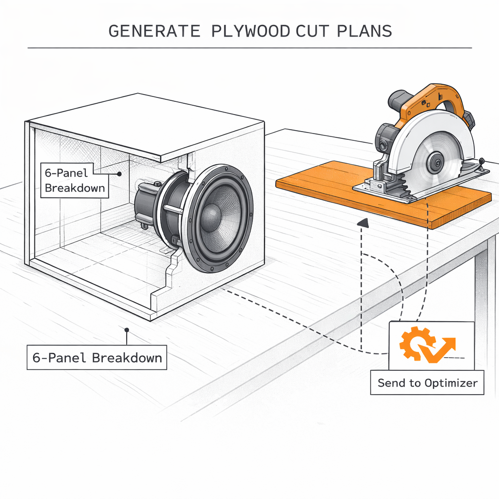 Technical illustration of an MDF speaker box and a precision saw icon making cutplans
