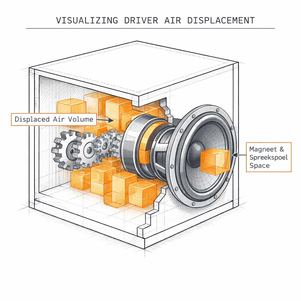 Cutaway technical sketch visualizing how a driver occupies and displaces air inside a box