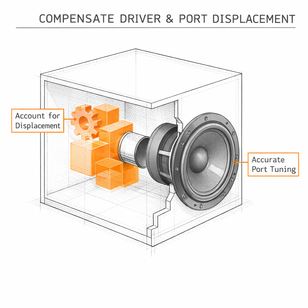 Cutaway technical sketch showing how a large subwoofer driver and port displace internal air space