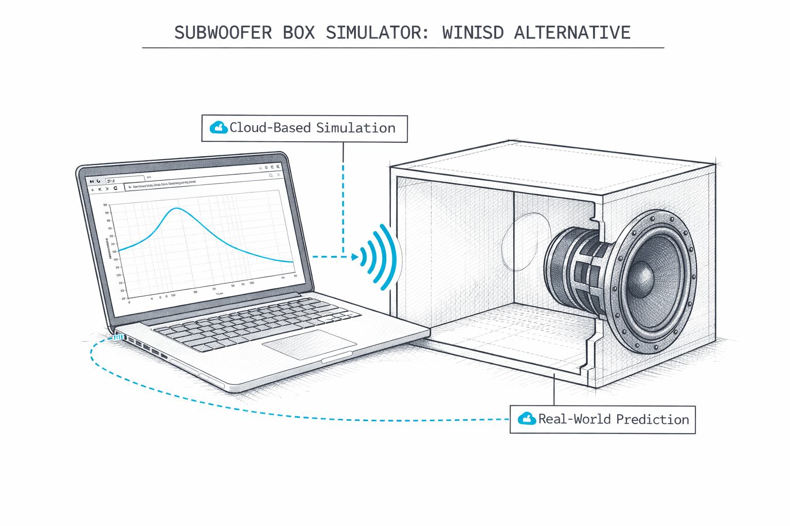 Technical drawing of an online subwoofer box simulator showing a frequency response graph