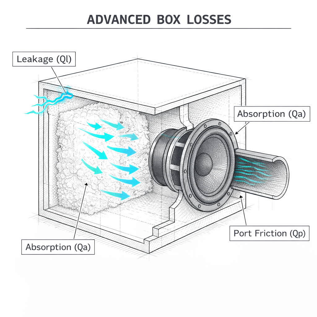 Technical drawing showing Ql, Qa, and Qp box losses in a subwoofer enclosure