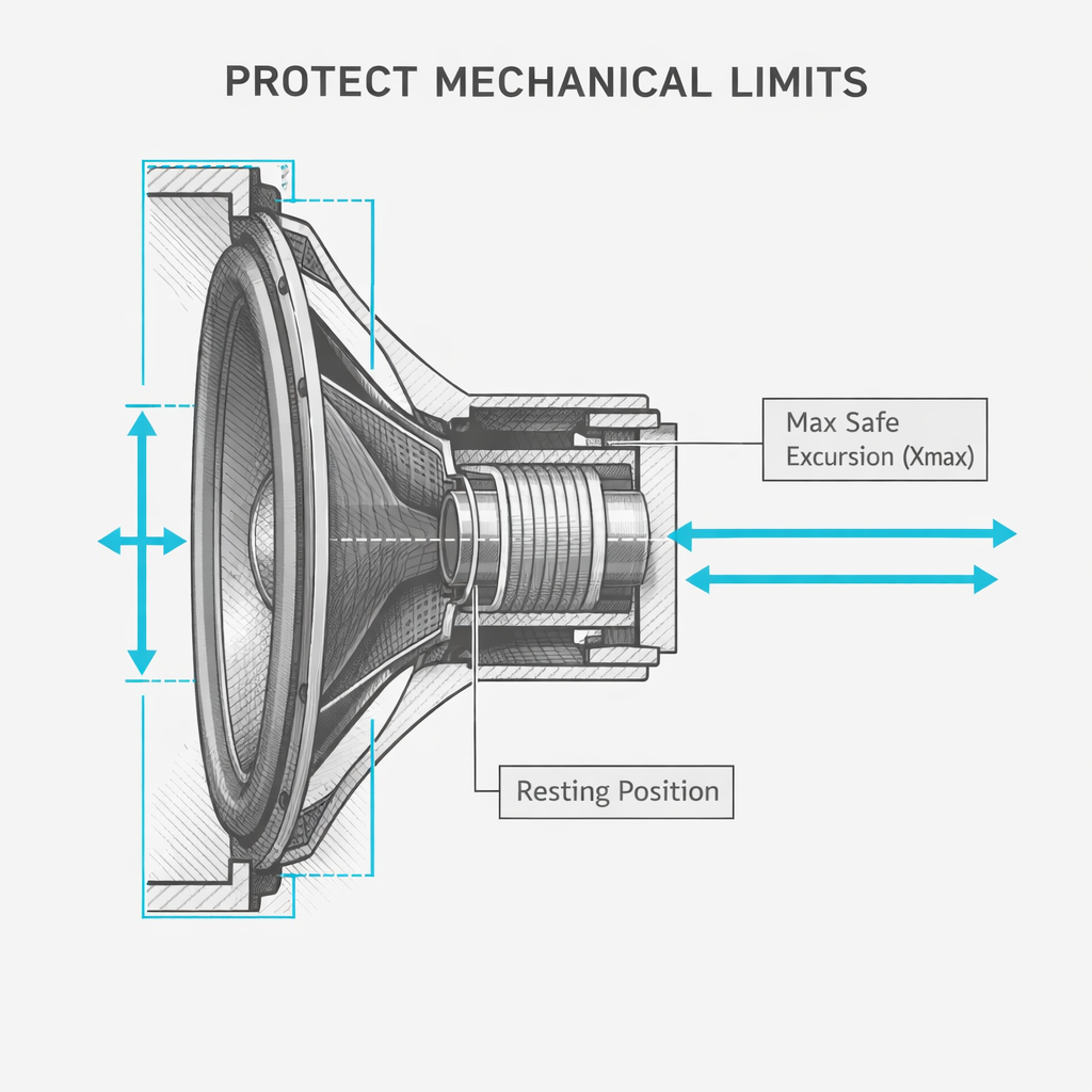 Diagram showing the maximum mechanical cone excursion limits of a speaker driver