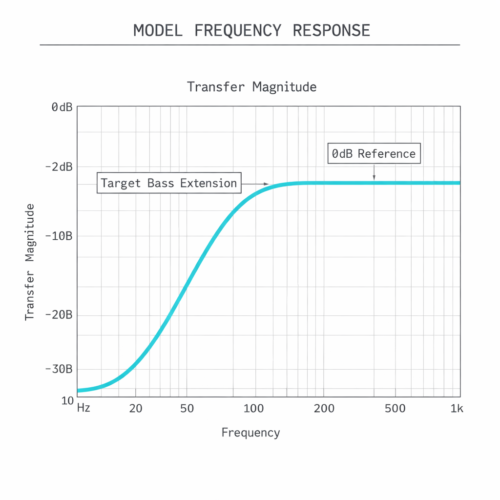 Graph showing the frequency response transfer magnitude curve of a subwoofer
