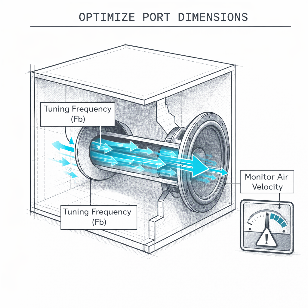 Cutaway diagram of a subwoofer port showing air velocity tuning