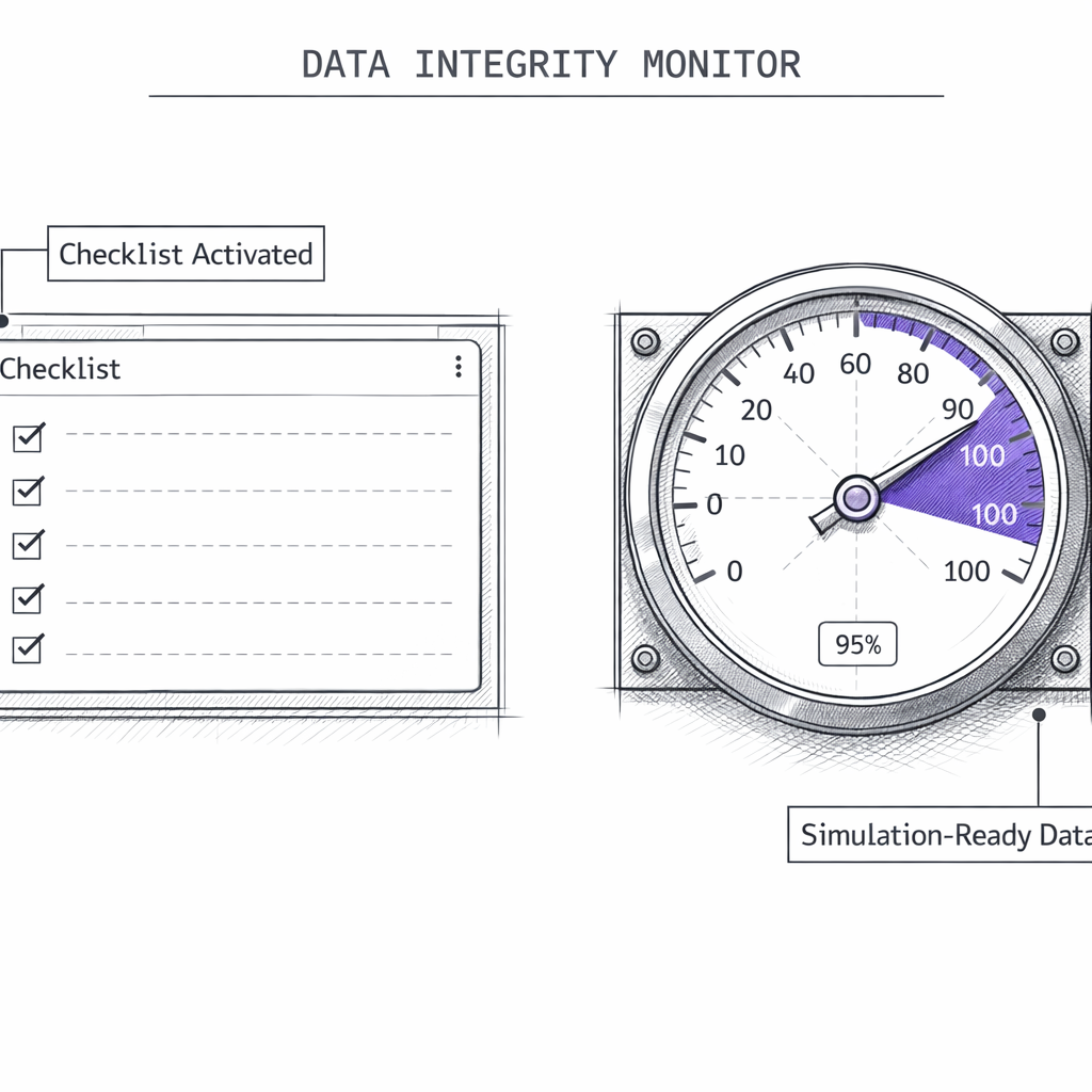 Illustration of a technical data quality monitor with checklist and simulation gauge