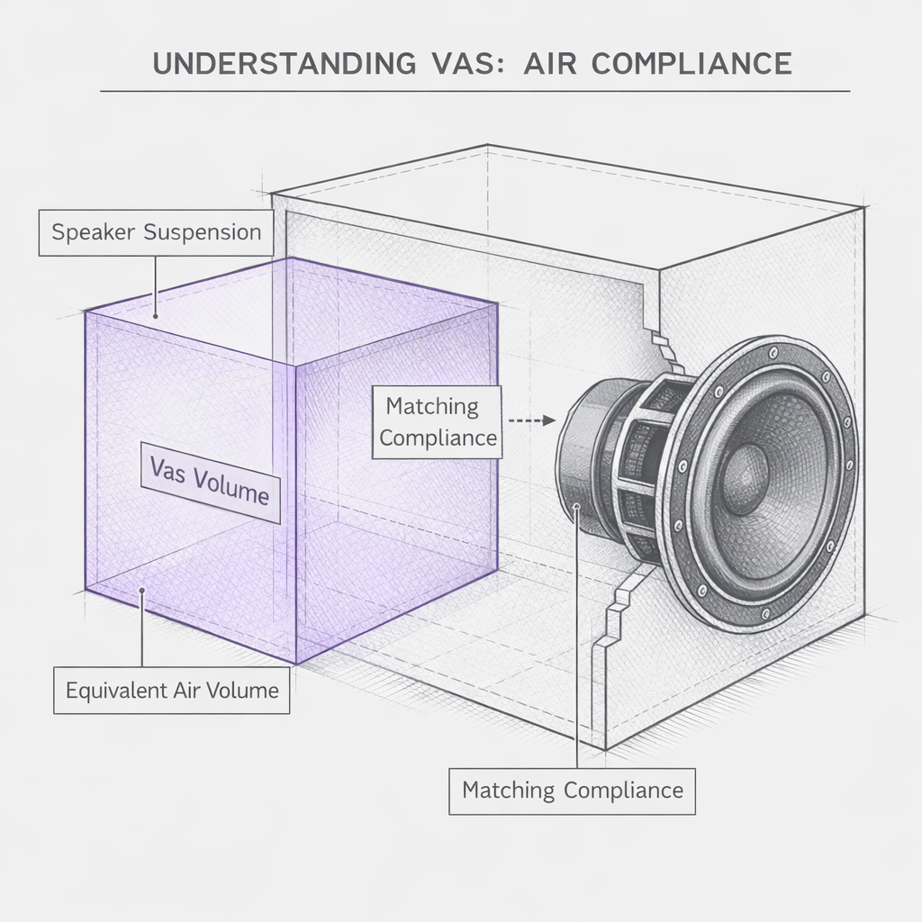 Cutaway diagram comparing speaker suspension to an equivalent volume of air