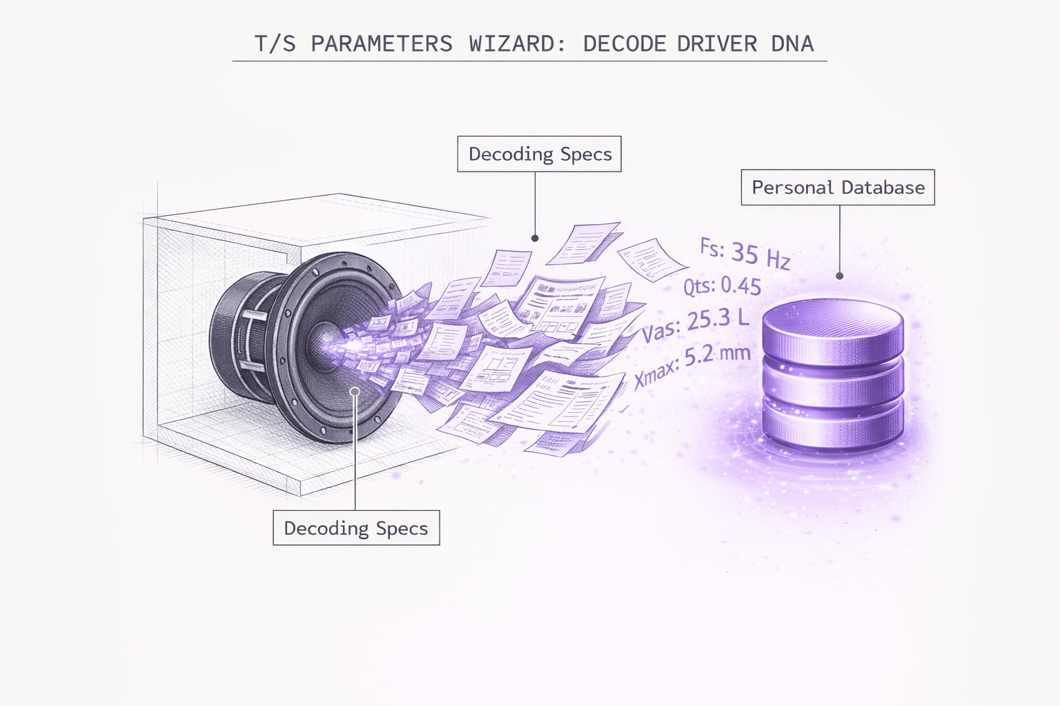 Technical drawing of the T/S Parameters Wizard decoding a speaker driver into a database